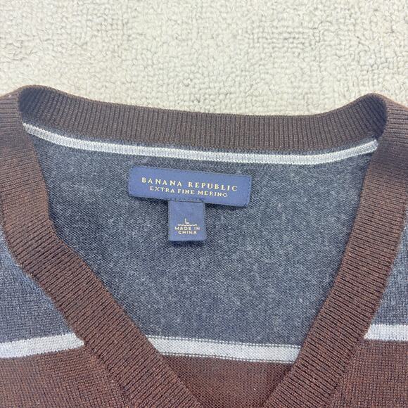 Banana Republic V-Neck Sweater Men's Large Brown Striped Extra Fine Merino Wool - Picture 3 of 8